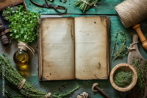 High angle view of a vintage opened cookbook surrounded by various kinds of aromatic herbs like rosemary, chive, thyme, corianders and dried bay leaves photo