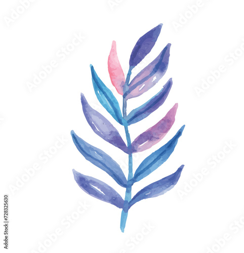 leaf with gradations of blue  purple  pink colors. unique flourish watercolor style