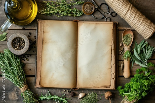 High angle view of a vintage opened cookbook surrounded by various kinds of aromatic herbs like rosemary, chive, thyme, corianders and dried bay leaves photo