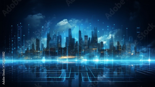 Vibrant blue abstract cityscape: futuristic digital technology concept © Ashi