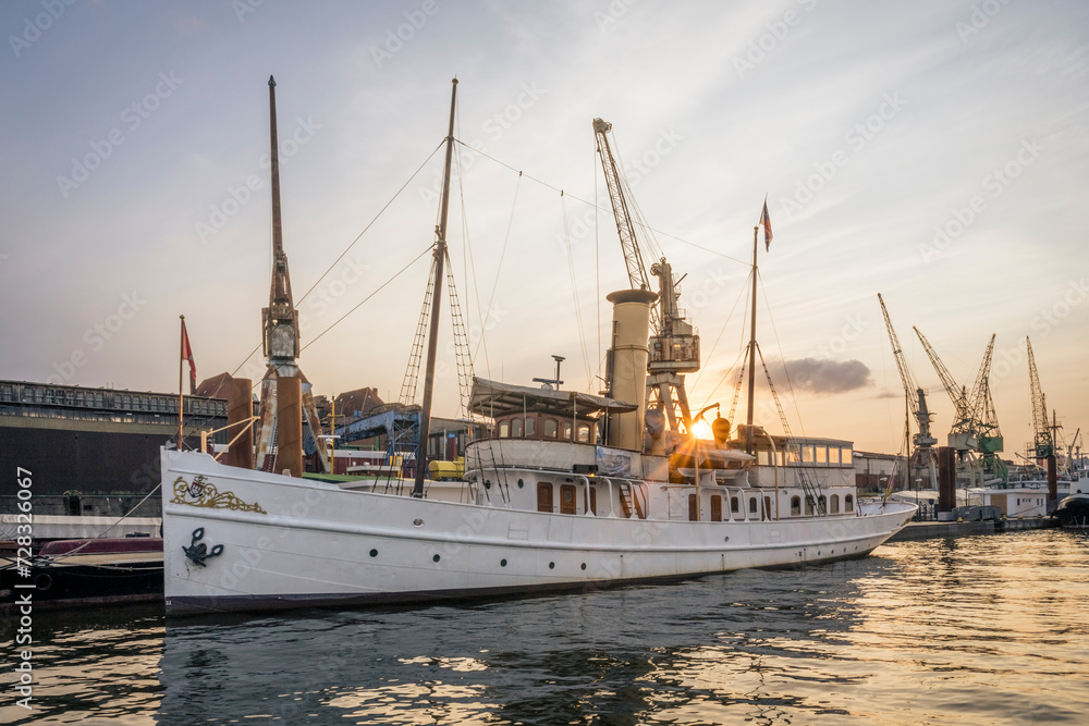 Germany, Hamburg, Museum ship Schaarhorn at sunset Germany, Hamburg, Museum ship Schaarhorn at sunset