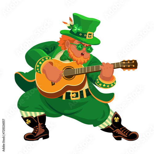 Leprechaun in a hat with a guitar. Cartoon character in flat style isolated on white. Funny fat musician with a guitar. Illustration for St. Patricks Day. Design element for the Irish holiday. Vector