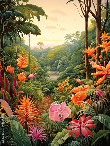 Vibrant Tropical Jungle Canopies: Exploring Colorful Flora in the Lush Landscape