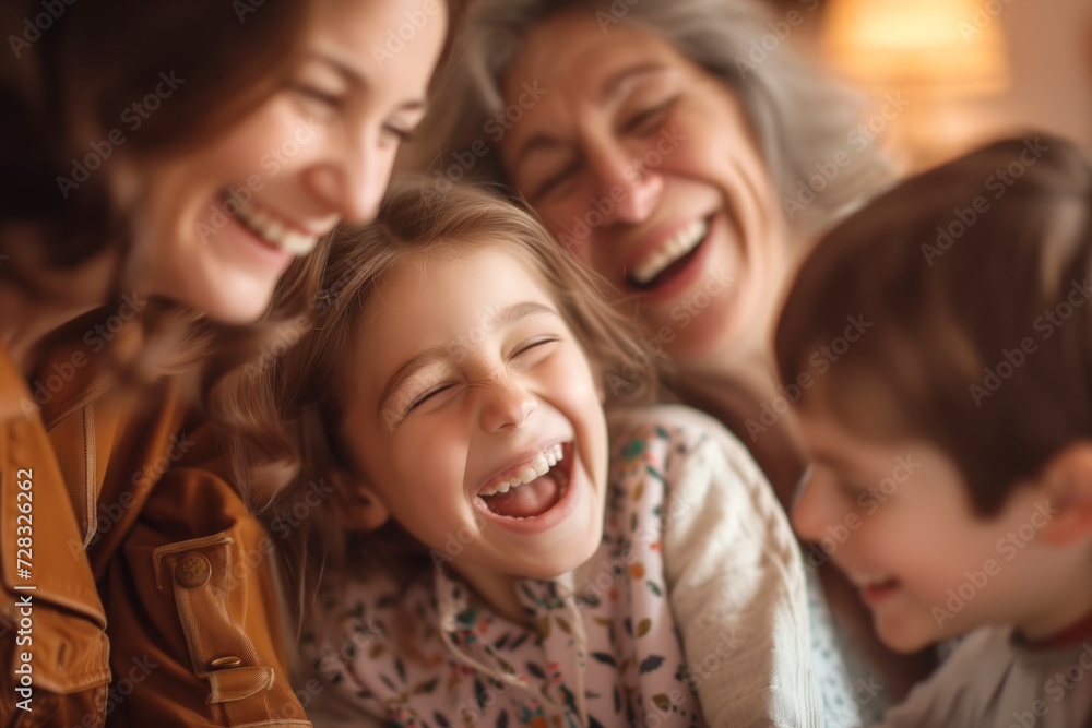 Happy family members of different ages rest at home laughing as boy shouting April Fool. Little child adds excitement by playing practical jokes on parents Happy family members of different ages rest at home laughing as boy shouting April Fool. Little child adds excitement by playing practical jokes on parents