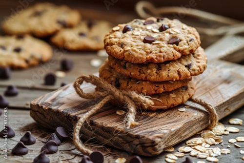 Pile of homemade oatmeal cookies with chocolate chips upon a cutting board on rustic wooden table. 