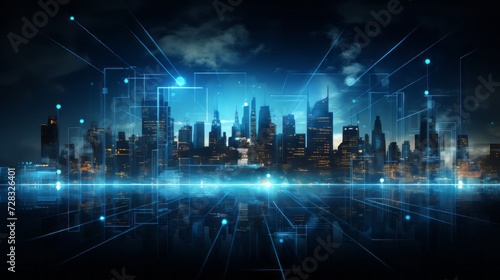 Vibrant blue abstract cityscape  futuristic digital technology concept