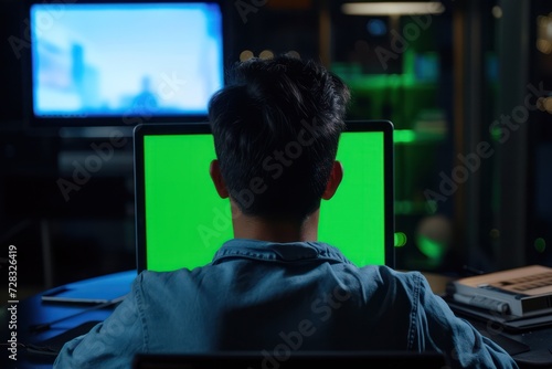 Rearview shot of an unrecognizable young man using his laptop with green screen 