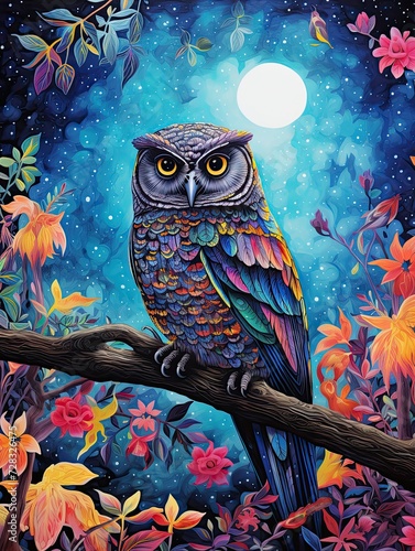 Vibrant Tropical Birds Night Sky  Owls  Nightjars   Artwork
