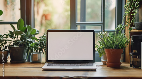 Laptop with blank screen on table. generative ai © Malaika