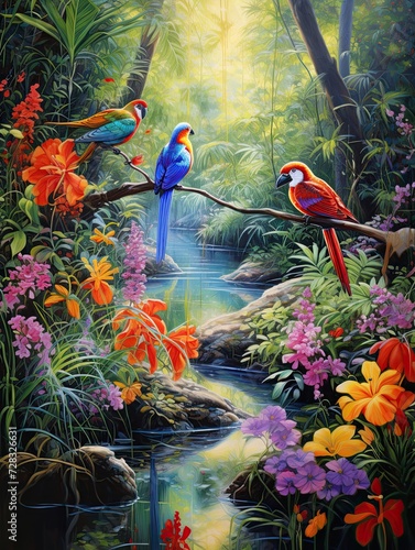 Vibrant Riverside Painting: Riparian Bird Species - Tropical Birds in their Colorful Habitat © Michael