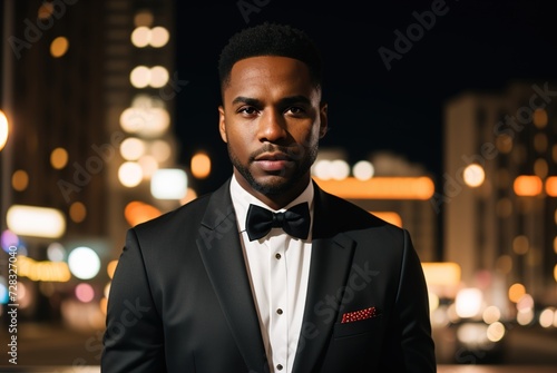 Portrait of an African American man in a business suit in the evening against the background of a blurred city with modern buildings. A successful male businessman.