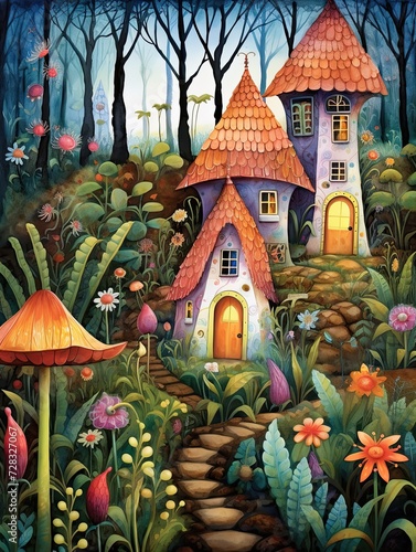 Whimsical Fairytale Cottages: Enchanting Art Print of Idyllic Homes in Nature's Embrace