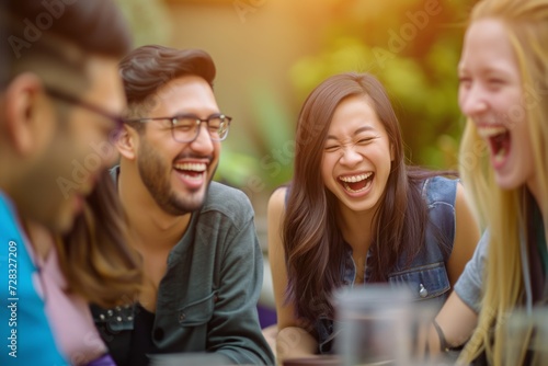Group of happy friends students sharing hearty laugh over funny joke together. Young people engage in playful tricks celebrating April Fools Day, sunlight