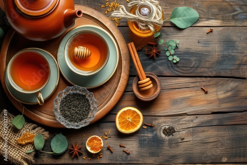 Top view of a rustic wooden table with two tea cups, a teapot and a crystal bowl filled with dried black tea, a honey jar with honey dipper © Straxer