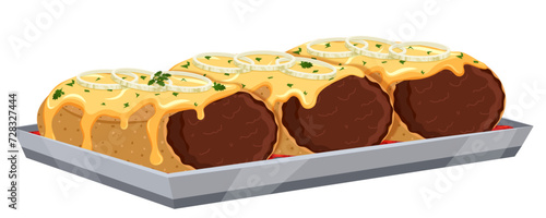 Enchiladas on Tray with Cheese and Onions Toppings - Mexican Cuisine Vector Illustration 