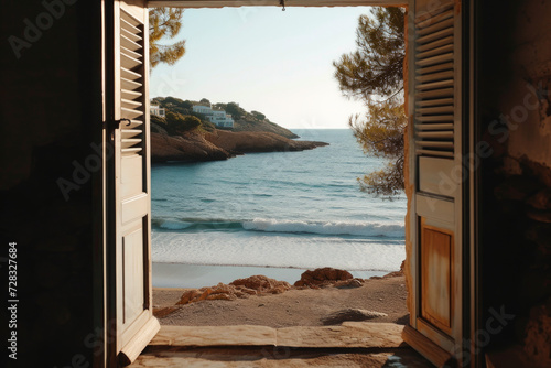 View through an open window with shutters  to see a sandy beach  rocky coastline  lovely small town and beautiful blue sky with sunrising...