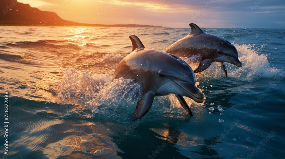 A playful pod of dolphins, leaping and frolicking in the sparkling blue sea. - obrazy, fototapety, plakaty 