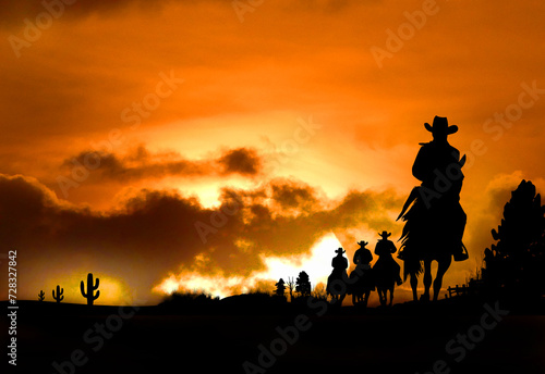 Silhouette 4 Cowboys auf Pferden bei Sonnenuntergang - Wester Wildwest Tradition - Amerika USA
