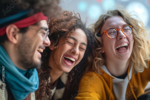 Group of happy friends students sharing hearty laugh over funny joke together. Young people engage in playful tricks celebrating April Fools Day