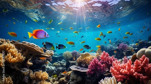 A vibrant coral reef teeming with colorful fish, creating an underwater kaleidoscope of life.