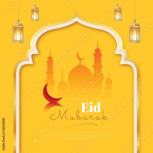 Eid, Mubarak, wishes, or greeting post Islamic yellow background eid, al, fitr, design with mosque, or lantern, social media wishing, banner, vector illustration