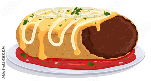 Enchilada with Cheese, Onions, Crema and Cilantro Toppings on a Plate with Red Enchilada Sauce 