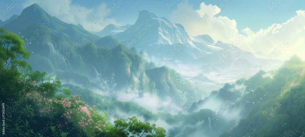 Serene anime-style landscape with lush mountains, waterfalls, and delicate mists, accented by pink flowers and birds in flight, all bathed in a gentle, sunlit glow. - obrazy, fototapety, plakaty 