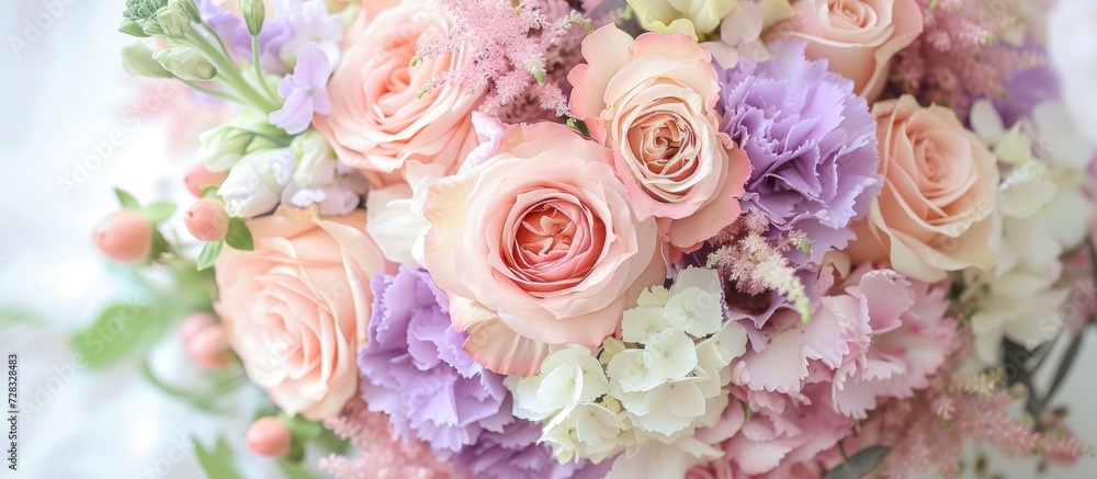 Obraz premium A pastel bouquet with pink and lilac roses, carnations, and hydrangeas for a stylish romantic wedding.