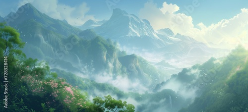 Serene anime-style landscape with lush mountains, waterfalls, and delicate mists, accented by pink flowers and birds in flight, all bathed in a gentle, sunlit glow.