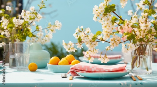 A vibrant spring celebration scene featuring a floral tablecloth and colorful...