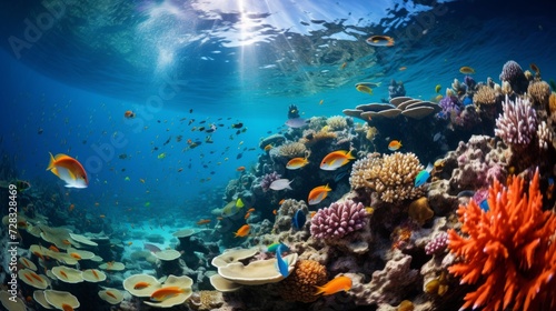 A vibrant coral reef teeming with colorful fish  creating an underwater kaleidoscope of life.