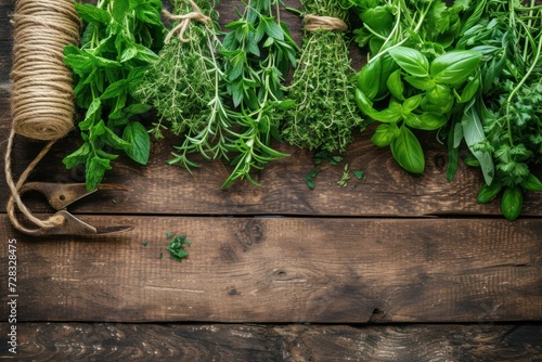 Top view of various kinds of aromatic herbs like thyme, mint, basil, coriander, rosemary, chive, dried bay leaves