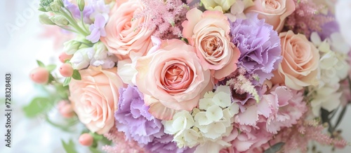 A pastel bouquet with pink and lilac roses, carnations, and hydrangeas for a stylish romantic wedding.