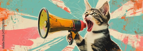 Playful and vibrant illustration of a cat yelling into a megaphone against a vintage-style pop art collage, featuring a whimsical blend of bold colors and abstract shapes.