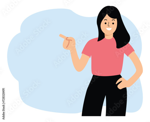 young woman in casual shirt showing pointing finger to blank space