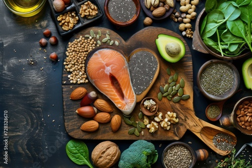 Top view of wooden cutting board with a heart shape surrounded by an assortment of food rich in Omega-3