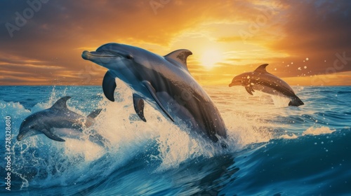 A playful pod of dolphins, leaping and frolicking in the sparkling blue sea. © olegganko