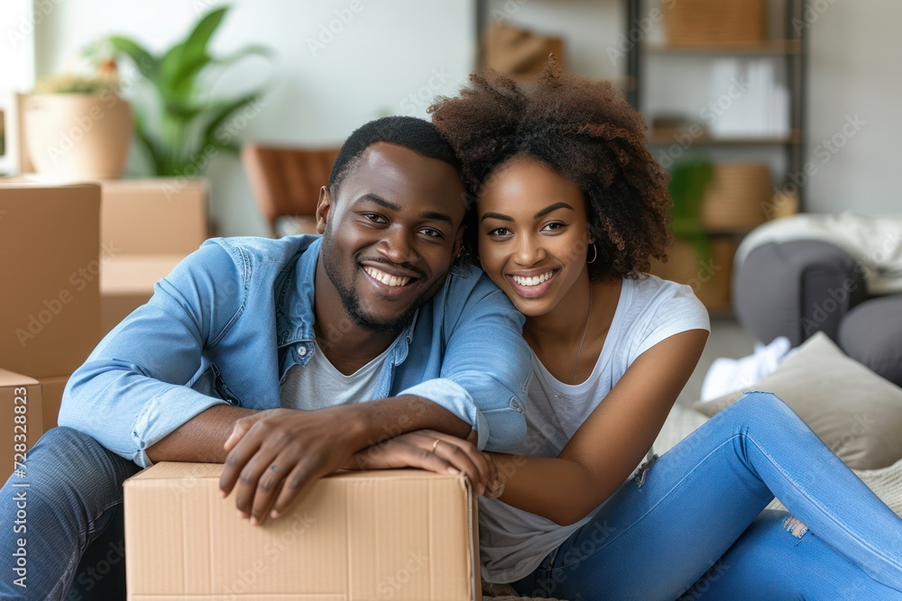 Young couple moving to a new house and packing in boxes while looking at the camera smiling Young couple moving to a new house and packing in boxes while looking at the camera smiling