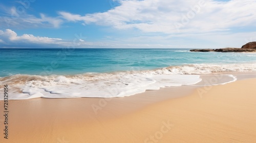 A pristine stage on a remote beach  with golden sands and a peaceful ocean horizon.