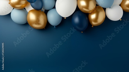 abstract minimalist background with blue and gold balloons frame.