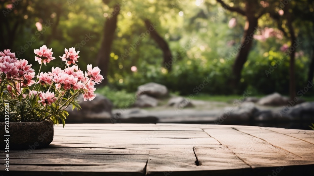 A tranquil empty stage in a serene garden with blooming flowers and a natural backdrop.
