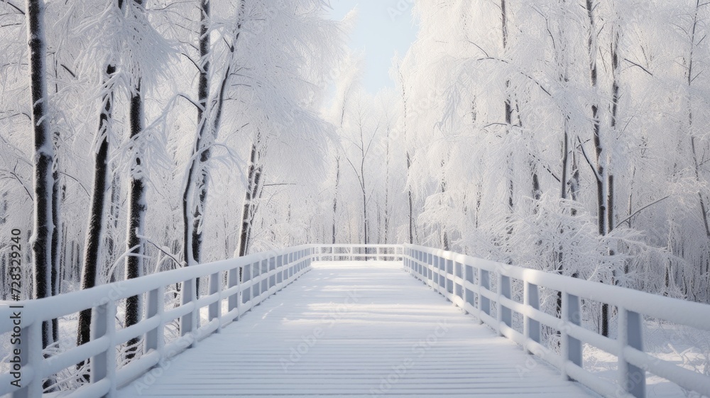An empty catwalk amidst a pristine snowy forest, with trees draped in white.