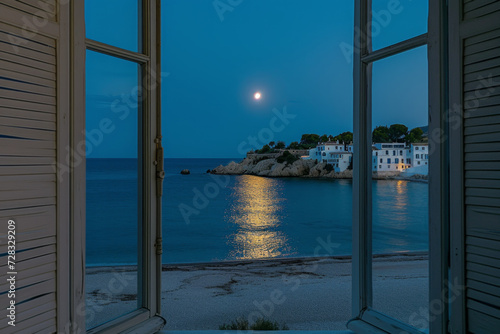 View through an open window with shutters  to see a sandy beach  rocky coastline  lovely small town and beautiful blue sky with big  silver fully moon at blue hour...