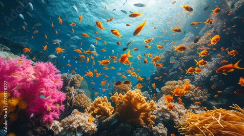 A vibrant coral reef teeming with colorful fish, creating an underwater kaleidoscope of life. © olegganko