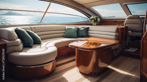A minimalistic luxury yacht interior with polished wood and leather accents.