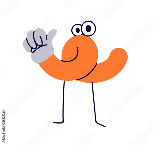 Comic funny character showing thumbup, ok hand gesture. Cute whimsical fiction twisted shape liking, recommending with thumb-up sign. Kids flat vector illustration isolated on white background