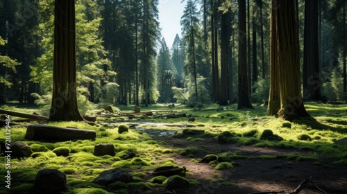 A tranquil forest clearing stage with towering redwoods and dappled sunlight.