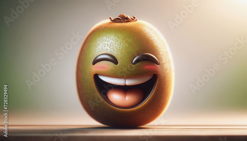 A joyful kiwi fruit with a beaming smile and bright, expressive eyes, resting on a wooden surface.