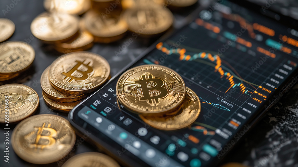 Physical Bitcoins on a digital tablet displaying a downward trending financial chart, concept of market analysis. Physical Bitcoins on a digital tablet displaying a downward trending financial chart, concept of market analysis.