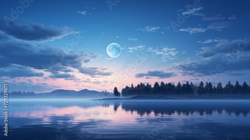 A tranquil space scene with a crescent moon casting a soft, silvery glow over a serene landscape. © olegganko
